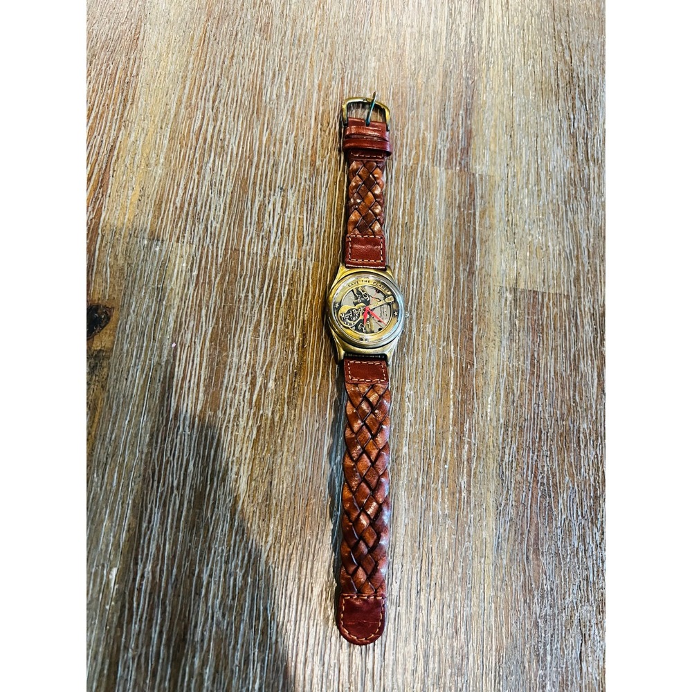 Vintage Hard Rock Cafe Save The Planet Watch Braided Leather Strap Bronze Tone